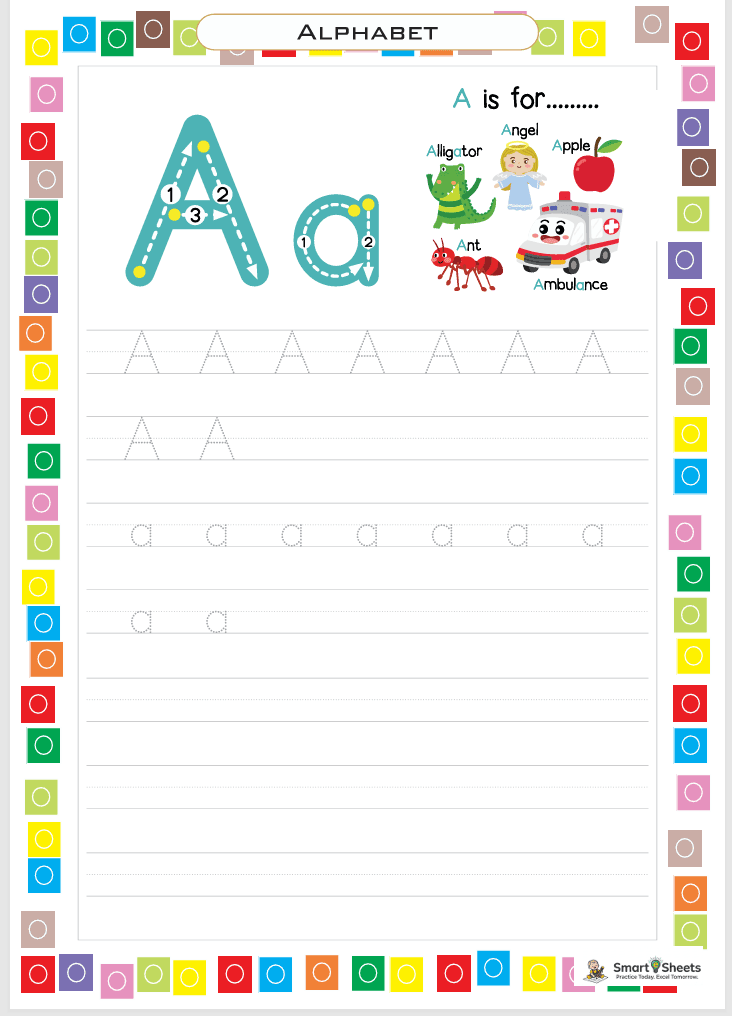 Alphabet worksheet โ letter A tracing and A is for pictures