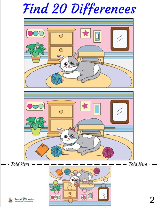 Find 20 differences cat room worksheet