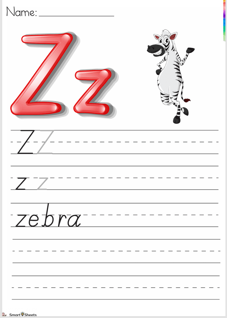 Letter Z handwriting worksheet with zebra